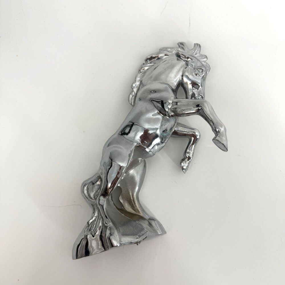 Standing Vintage Chrome Die Cast Fighting Stallion Hood Ornament Mustang Plated